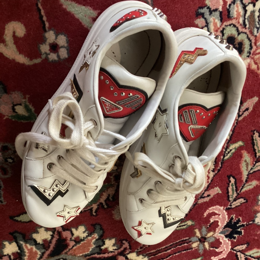 Prada White Kids Sneakers with Red and Gold Star Accents